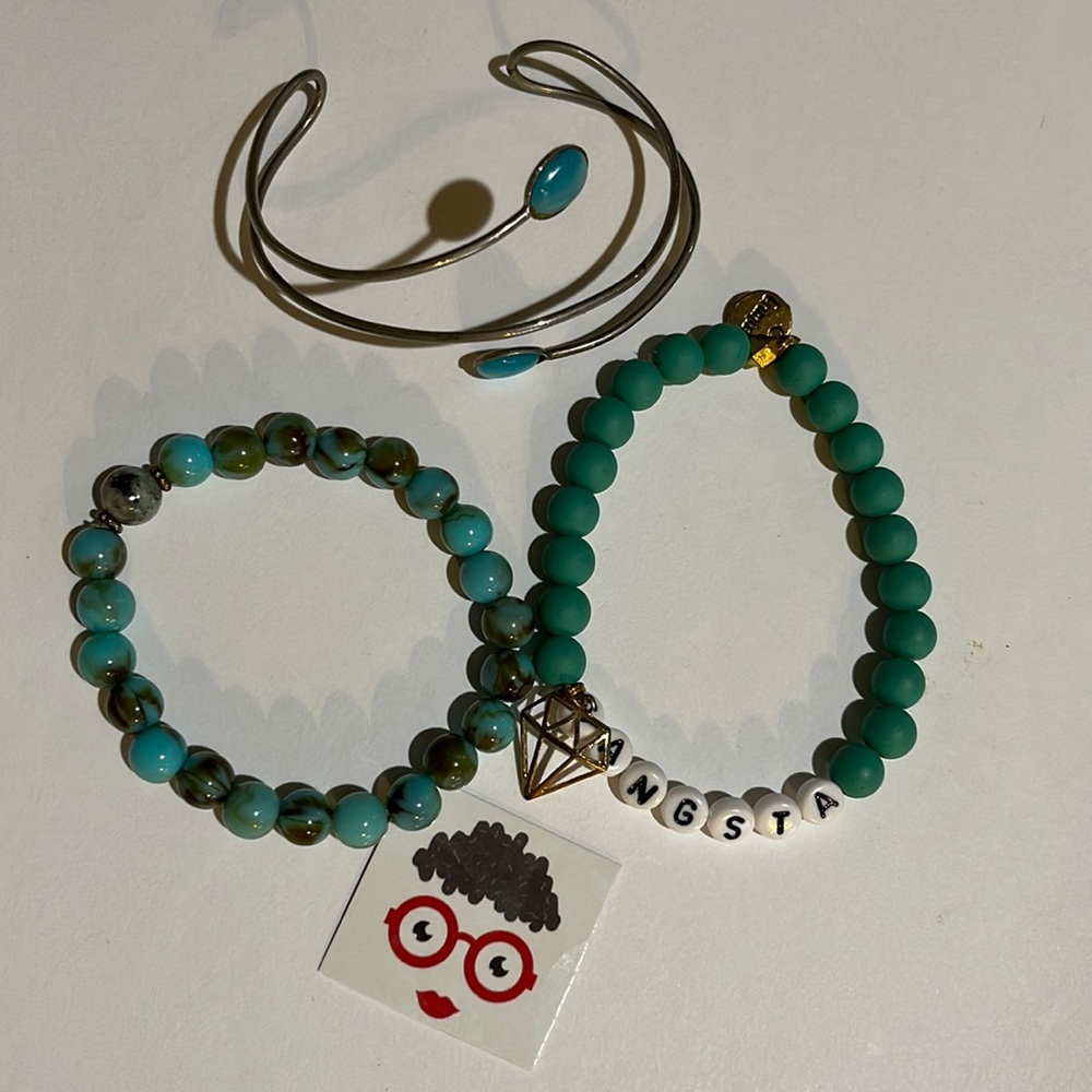 Set of 3 faux turquoise bracelets, 2beaded, 1 bangle.